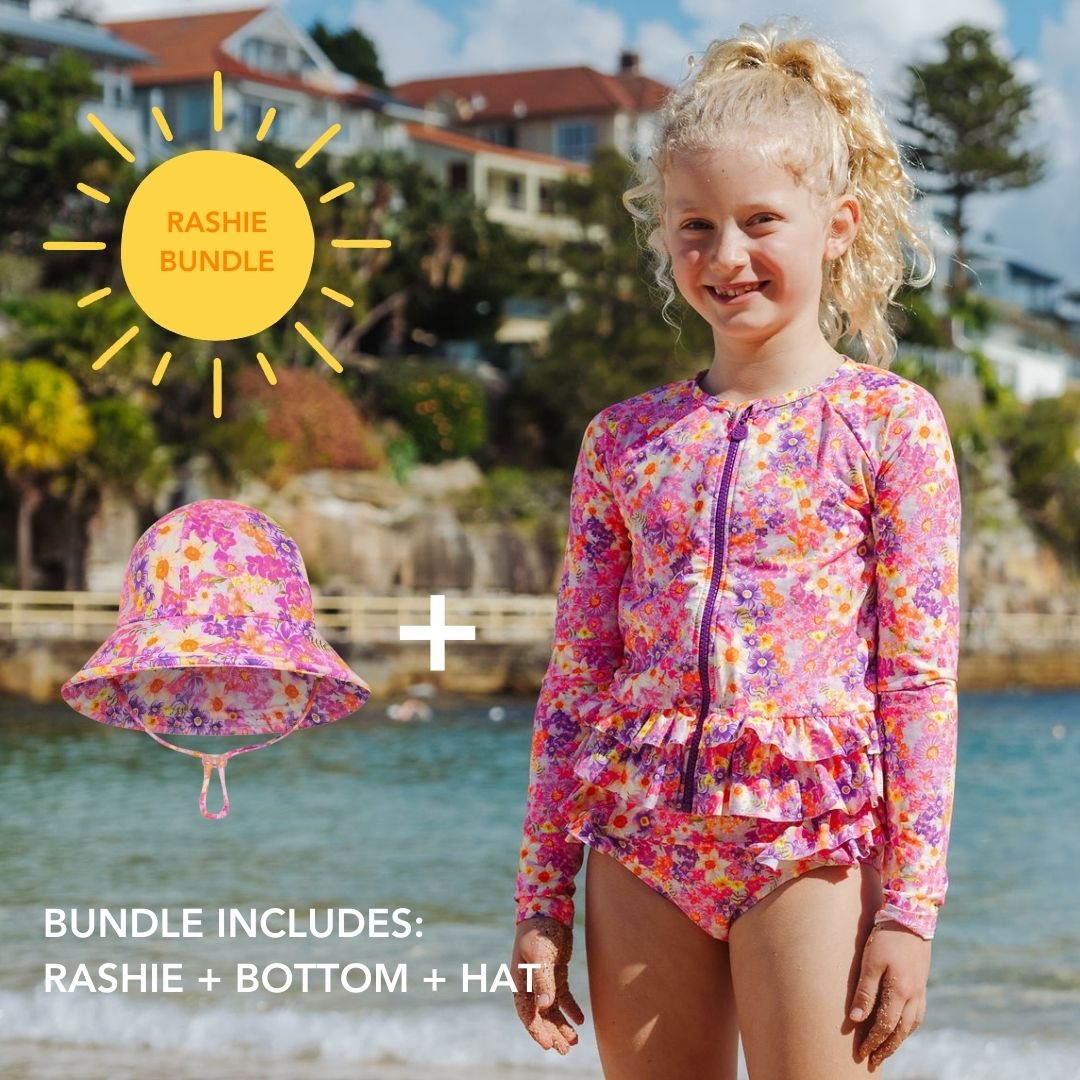 Girls rashie set + hat bundle - sizes 3-10