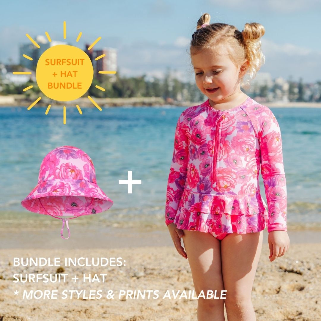 Girls surfsuit + hat bundle - sizes 1-10